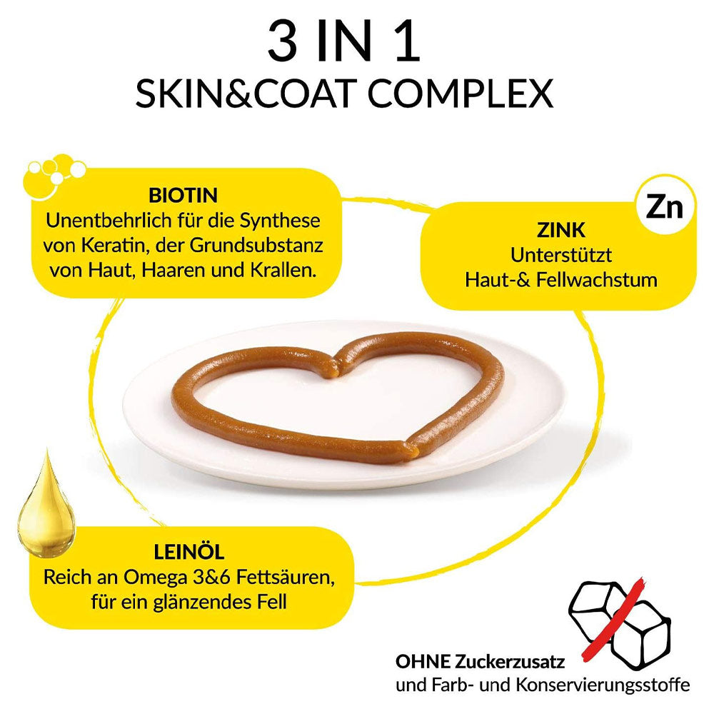 GimCat Cheese Biotin Paste 50 g - 3in1 Skin and Coat Complex - Biotin: Unentbehrlich für die Synthese von Keratin, der Grundsubstanz von Haut, Haaren und Krallen. Zink: Unterstützt Haut-& Fellwachstum. Leinöl: Reich an Omega 3&6 Fettsäuren, für ein glänzendes Fell - petrado.de