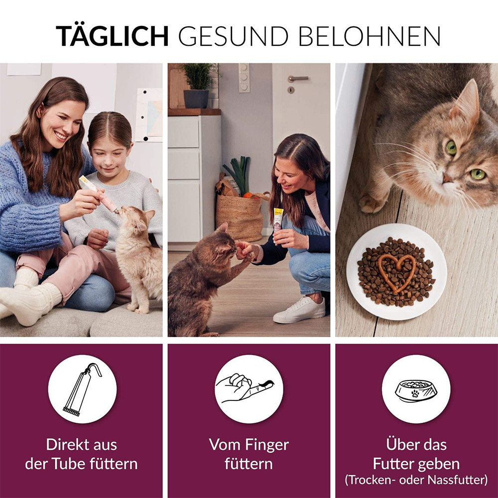 GimCat Malt-Soft Paste Extra 50 g - Infokarte Anwendung: Täglich gesund Belohnen - Direkt aus der Tube Füttern - Vom Finger füttern - Über das Futter geben (Trocken- oder Nassfutter) - petrado.de