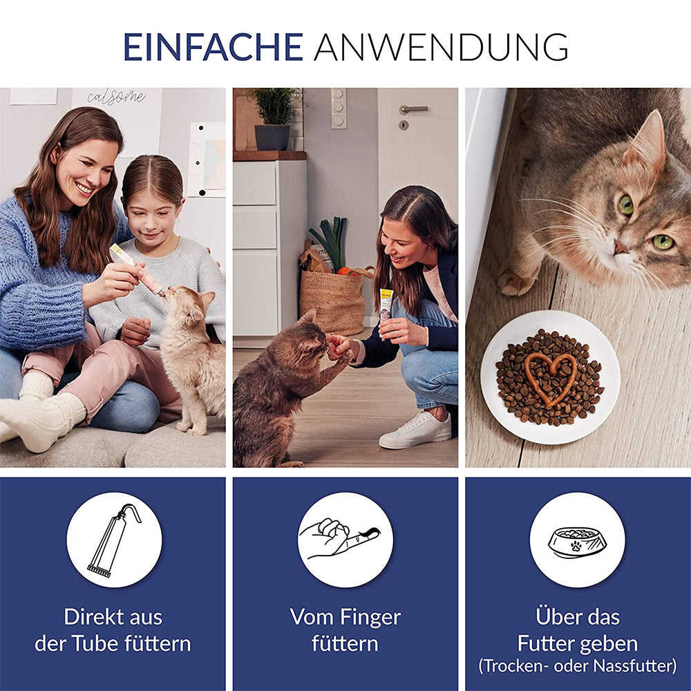 GimCat UT Balance Paste 50 g - Infografik Anwendung: Direkt aus der Tube füttern - Vom Finger füttern - Über das Futter geben (Trocken- oder Nassfutter) - petrado.de